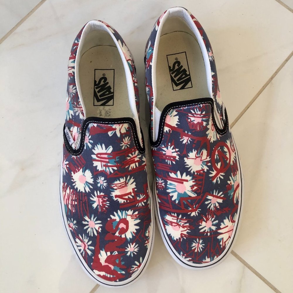 Vans Red and Blue Floral Slip-On Loafers